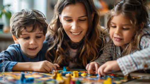 Mother and children enjoying a board game at home photo
