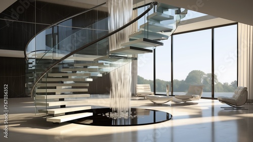 Contemporary showpiece spiral staircase with minimalist railings steel accents and glass floors above illuminating space below.