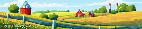 Farm landscape. Panoramic illustration of a serene rural farm landscape with rolling hills, colorful fields, red barns, and a traditional silo generative ai raster illustration. 