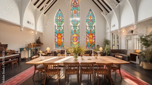 Converted church dining room with original stained glass windows vaulted beamed ceilings and vintage chandeliers.