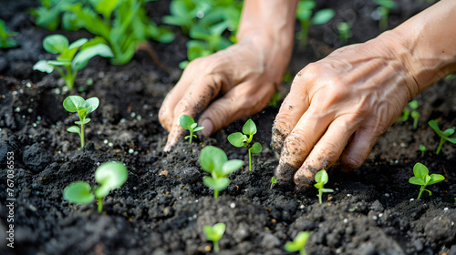 Hands planting young seedlings in fertile soil, nurturing a home garden.