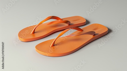 3D rendering of a pair of orange flip-flops. The flip-flops are made of rubber and have a textured footbed. They are isolated on a white background.
