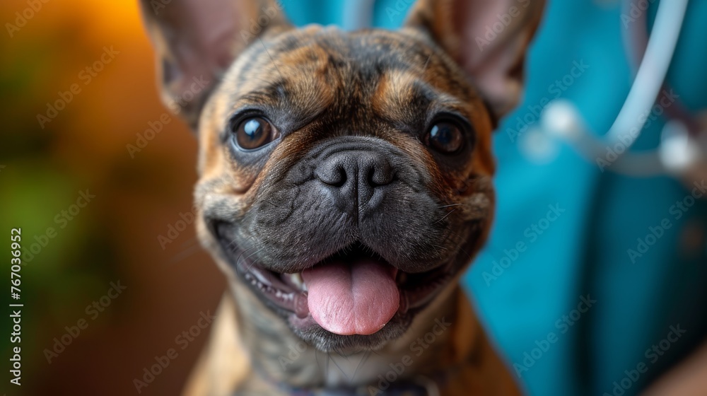   Close-up of a dog's face, stethoscope on neck, tongue hanging out