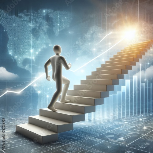 a 3D person climbing a stair, symbolizing progress, growth, and achievement