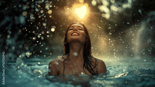 Naturists young woman swims naked in a natural pool