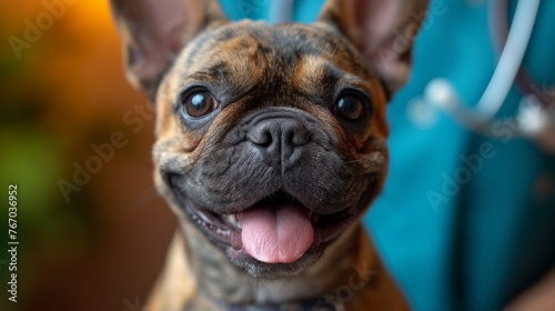  Close-up of a dog's face, stethoscope on neck, tongue hanging out