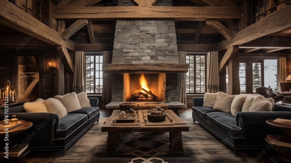 Cozy alpine ski chalet with heavy wood beams stone fireplaces and sheepskin accents. Cozy alpine ski chalet with heavy wood beams stone fireplaces and sheepskin accents.