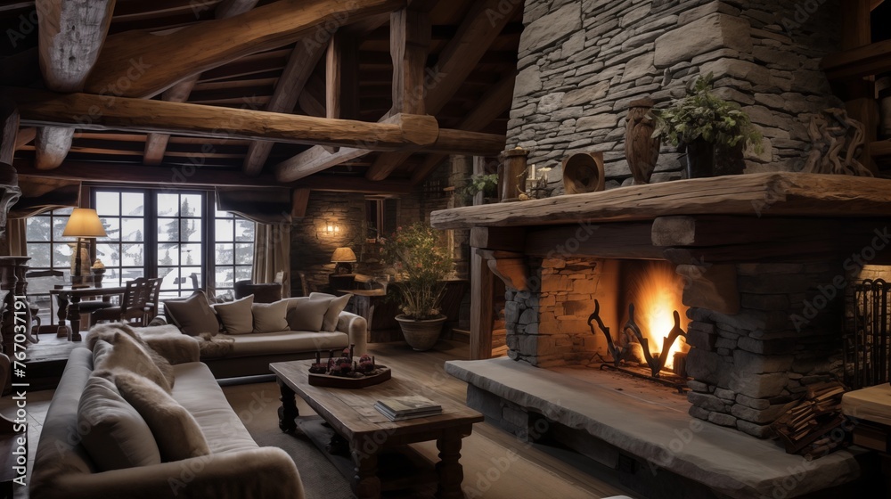 Cozy alpine ski chalet with heavy wood beams stone fireplaces and sheepskin accents.
