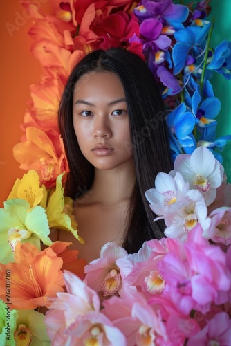 A woman stands surrounded by a variety of vibrant flowers
