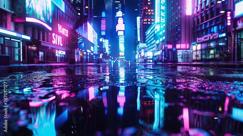 Abstract 3D rendering of a neon mega city with light reflections from puddles on the street, emphasizing the concept of nightlife and bustling business districts with a cyberpunk theme. © Khalida