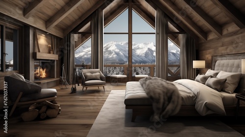 Cozy and inviting rustic ski chalet master bedroom with vaulted wood plank ceilings and panoramic mountain views.