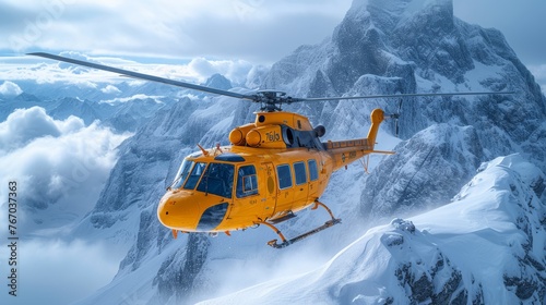  A yellow helicopter soars over a snow-capped mountain range, surrounded by clouds and snow on the ground and in the foreground Above it is a clear blue sky dotted with