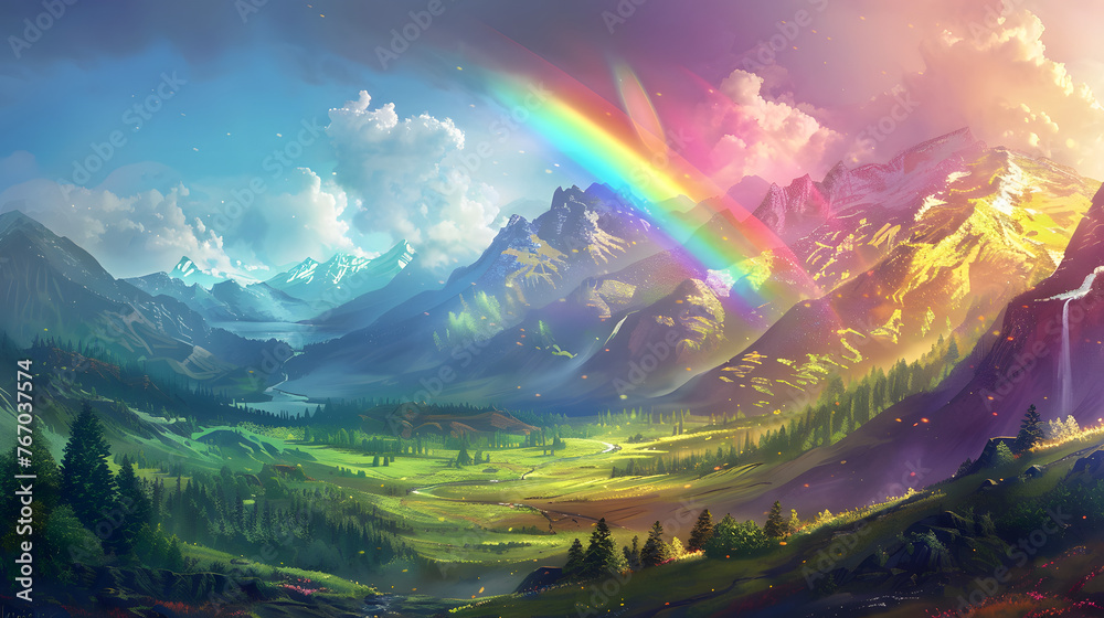 With its vibrant rainbow hues against a tranquil backdrop, this landscape is perfect for inspiring concepts.
