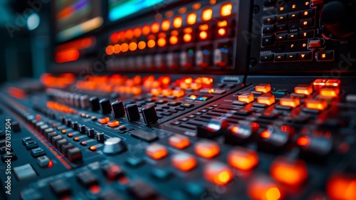 Broadcast equipment in studio with vibrant ON AIR sign for media production