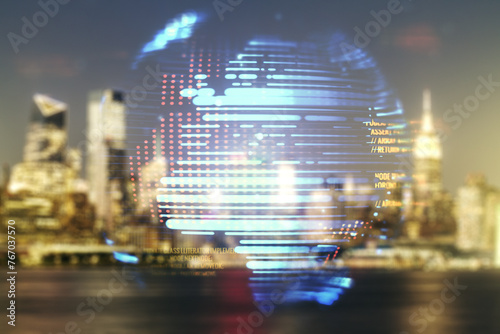 Multi exposure of abstract graphic coding sketch and world map on blurry skyscrapers background, big data and networking concept