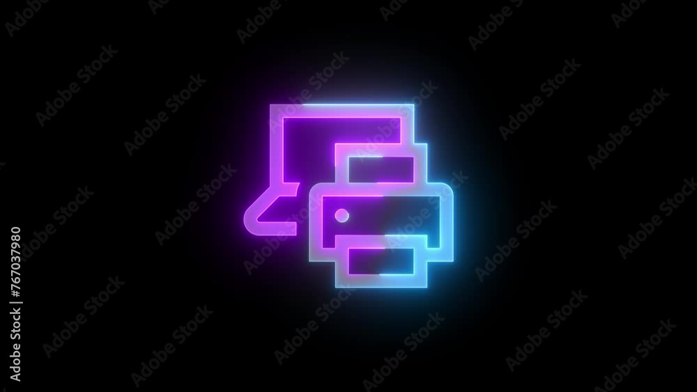 Neon laptop printer devices icon cyan purple color glowing animation black background Neon laptop printer devices icon cyan purple color glowing animation black background