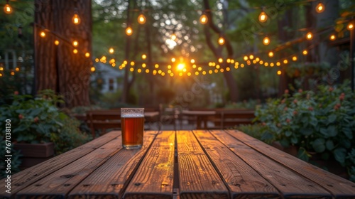  A wooden table holds a beer amidst a forest of twinkling lights