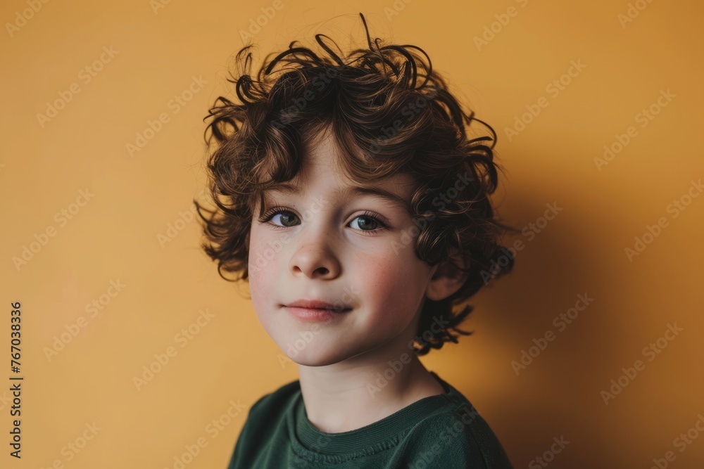 Portrait of a little boy with curly hair on a yellow background Portrait of a little boy with curly hair on a yellow background