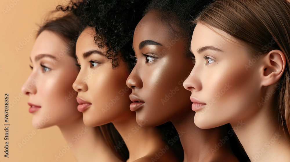 Four women with different skin tones stand side by side, showcasing the beauty of diversity. The image conveys a message of inclusivity and acceptance, celebrating the uniqueness of each individual Four women with different skin tones stand side by side, showcasing the beauty of diversity. The image conveys a message of inclusivity and acceptance, celebrating the uniqueness of each individual