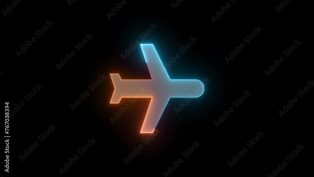 Neon plane icon brown cyan color glowing animation black background Neon plane icon brown cyan color glowing animation black background