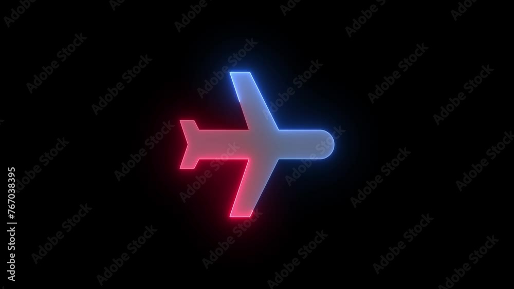 Neon plane icon blue red color glowing animation black background
