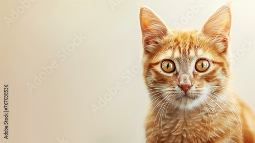 A ginger cat is sitting on a white background. The cat is looking at the camera with its big green eyes. The cat has a very soft and fluffy fur.