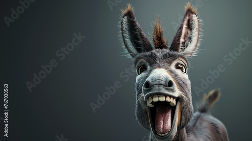A closeup of a donkey's face. The donkey has its mouth wide open and is laughing. Its ears are perked up and its eyes are wide open.