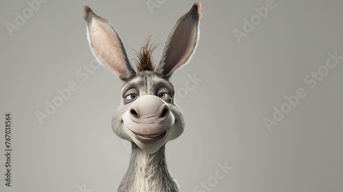 3D rendering of a cute smiling donkey with big ears. The donkey has a gray coat and a brown mane. It is looking at the camera with a happy expression.