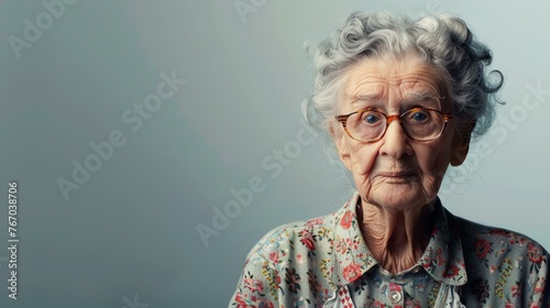 Thoughtful elderly woman looking at the camera with a warm smile. She is wearing glasses and a floral shirt. photo
