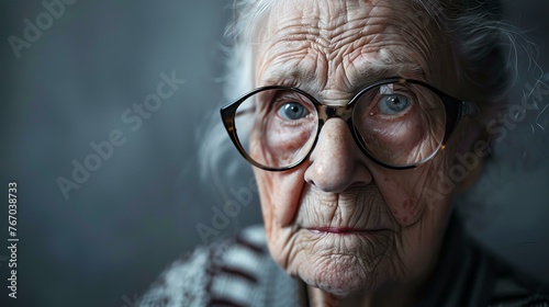 Thoughtful elderly woman looking at the camera with a serious expression on her face. She is wearing glasses and has gray hair.