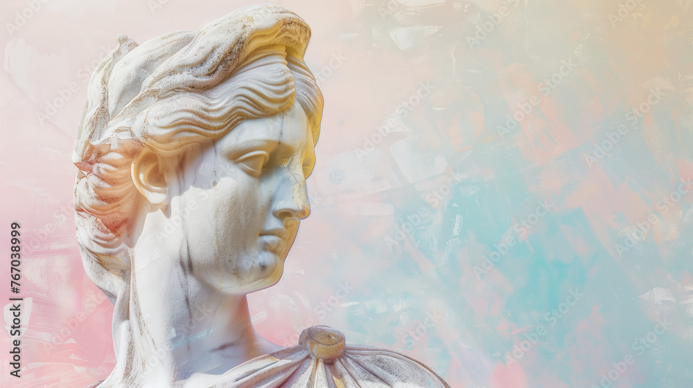 Ancient Greek antique sculpture of a woman, goddess, made in pastel colors of the background. Generative AI. Enhancing the Aura of Divine Femininity.