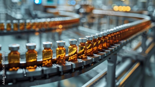 High-tech pharmaceutical vial production line under warm glowing lights