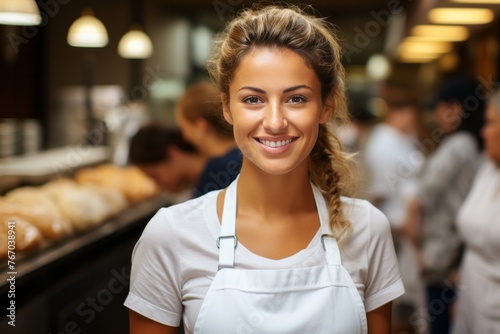 Smiling woman with bakery on street