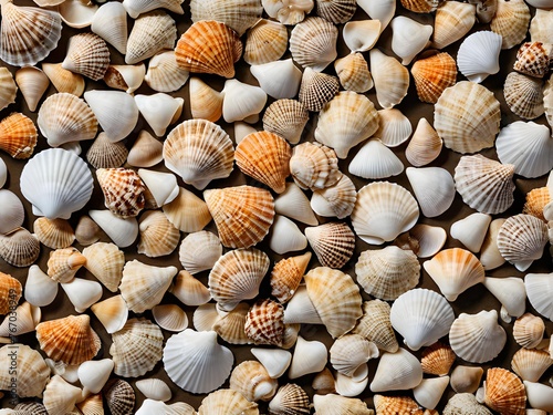 Textured background of realistic colored shells. Top view