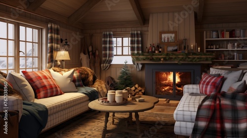 Cozy snug with shiplap walls tartan accents and rustic wood beams overhead.
