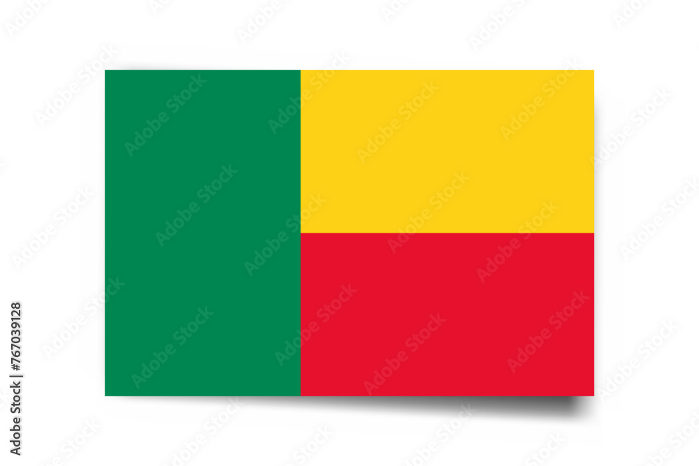 Obraz premium Benin flag - rectangle card with dropped shadow isolated on white background.