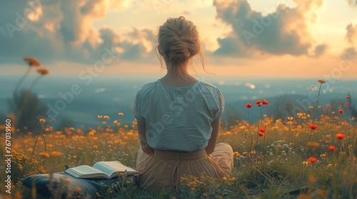  A woman sits in a field with a book in her lap, gazing up at the sky
