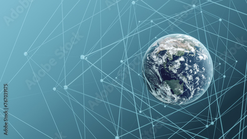 Digital representation of Earth with a network grid symbolizing global communication and information technology photo