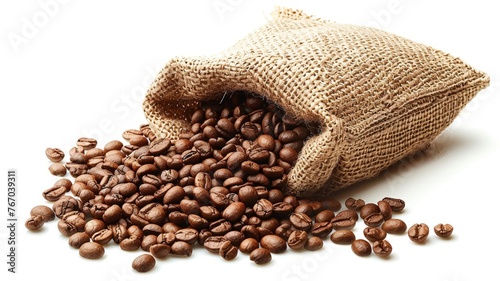 Burlap sack filled with roasted coffee beans for aromatic freshness