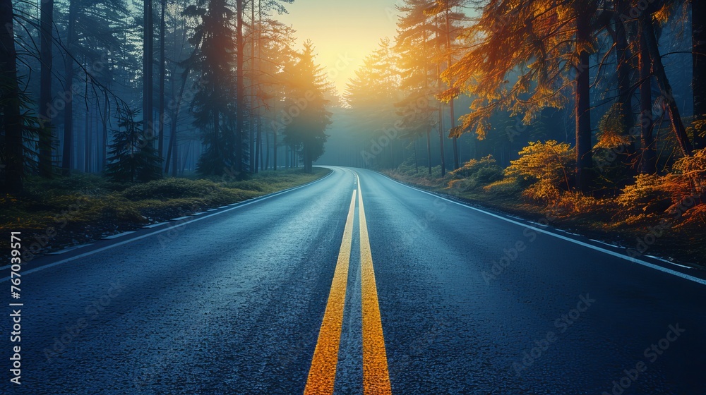 Fototapeta premium An empty road is depicted with a blurred background to convey motion.