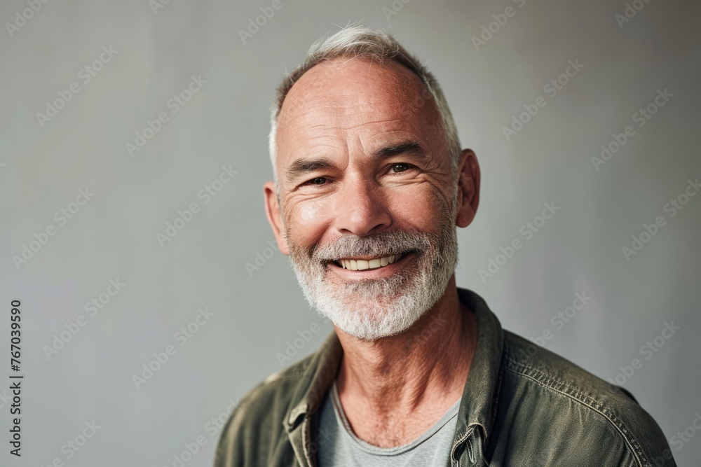 Portrait of a happy senior man smiling at the camera while standing against grey background Portrait of a happy senior man smiling at the camera while standing against grey background