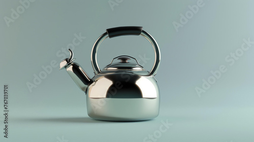 A shiny silver kettle with a black handle sits on a pale blue background. The kettle is made of metal and has a spout and a handle. photo