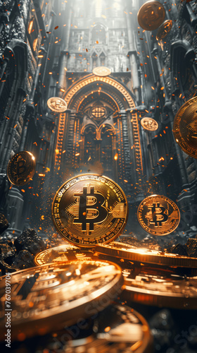 Ancient temple with levitating golden bitcoin coins, the magic of cryptocurrency and future of finance concept