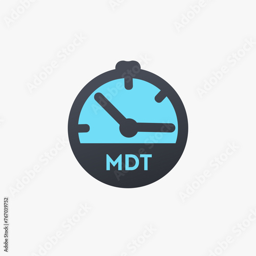United States MOUNTAIN DAYLIGHT TIME MDT time zone clock icon. Stock vector illustration isolated on white background.
