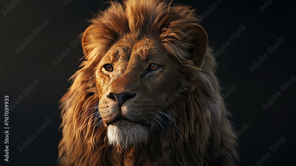 A majestic lion with a full, golden mane stares at the camera with an intense gaze. The dark background makes the lion's fur appear even more vibrant.