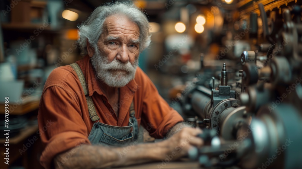   A man in an orange shirt works on a machine in a well-lit room filled with various items