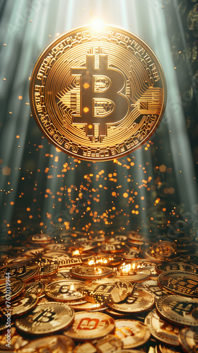 Holy bitcoin rising up to the heavens from a stash of golden coins in a beam of light and golden sparkles