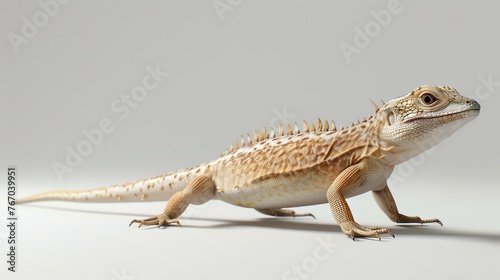 A beautiful and detailed 3D rendering of a lizard. The lizard has a light brown and white color scheme and is standing on a white surface.