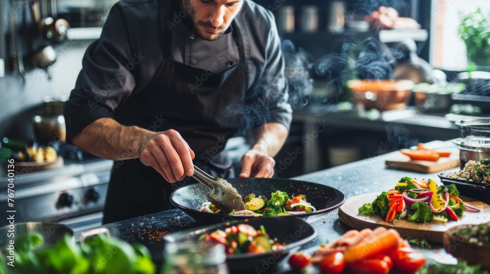 Chef Garnishing Dish in Bustling Restaurant Kitchen Chef Garnishing Dish in Bustling Restaurant Kitchen