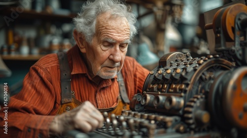  A man typing at a vintage typewriter amidst a backdrop of numerous antique machines